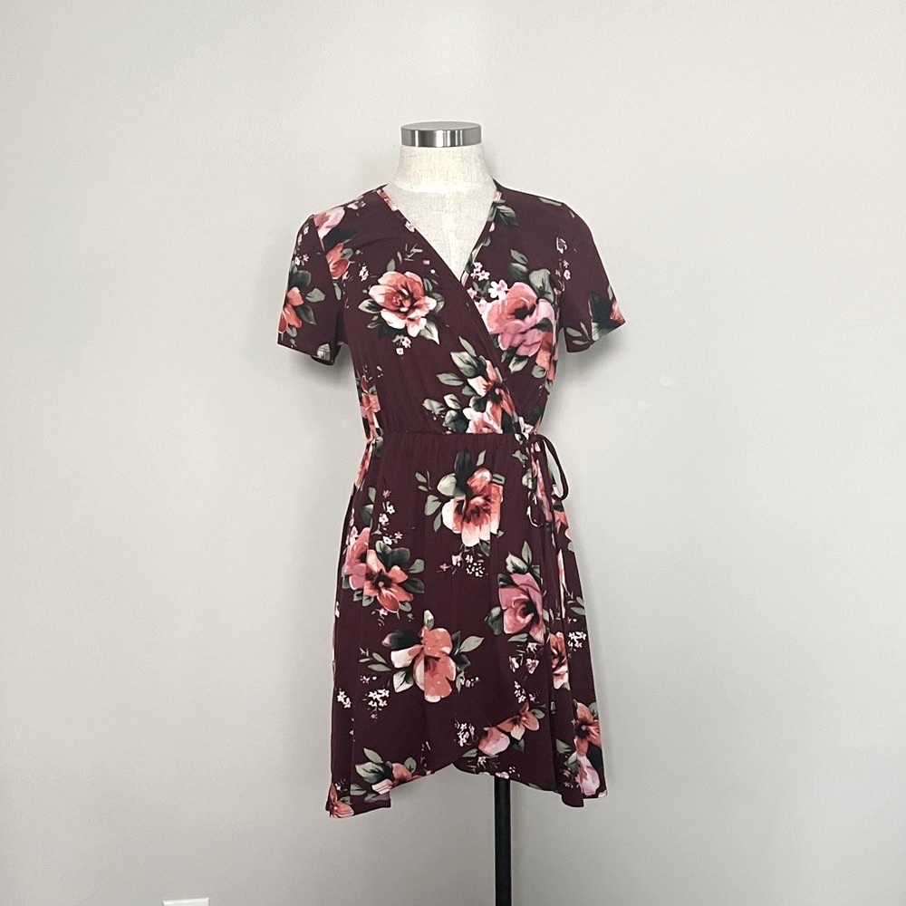 Maroon Floral Mini Dress with Slit